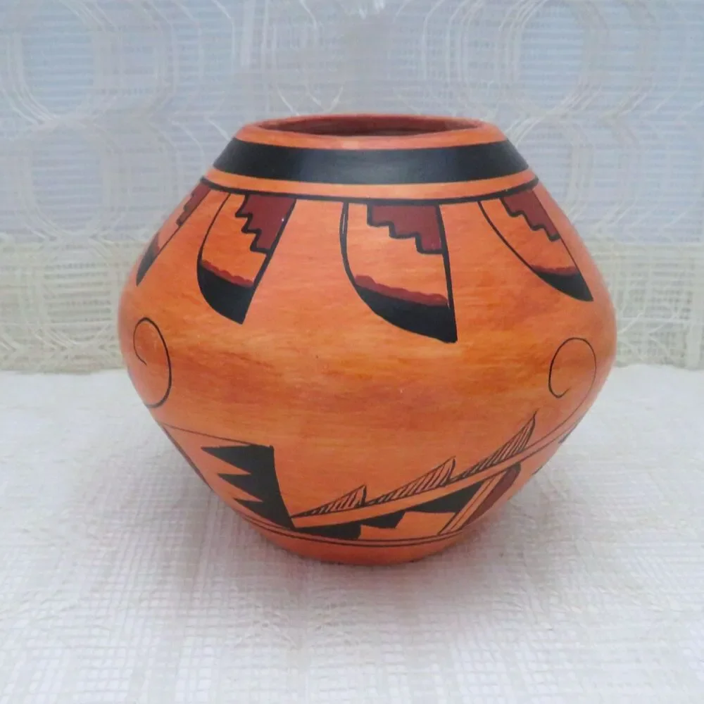 Vintage Mexican Pot Orange Black Red Unsigned Style of R Galvan Mexican Decor